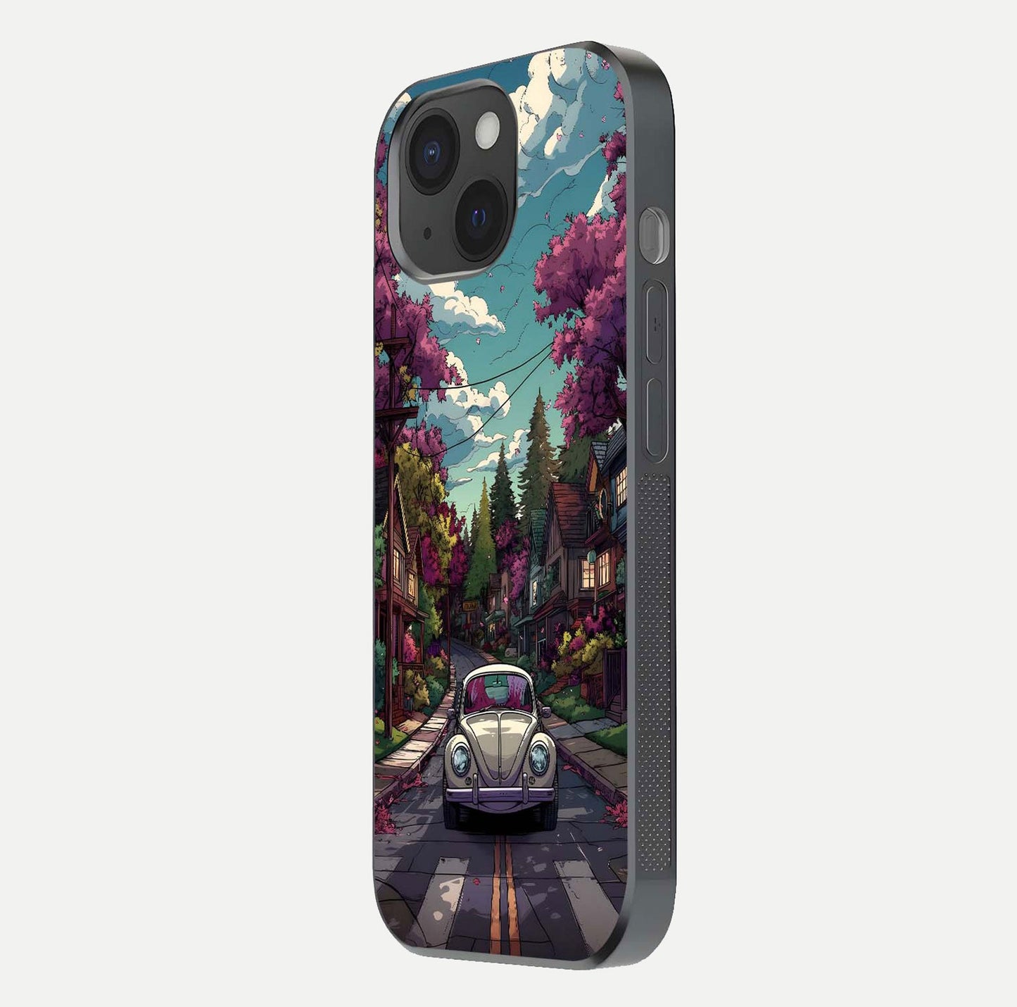 Vintage Street Drive Glass Case for iPhone 15 side-angle image showing gloss reflection and design detail