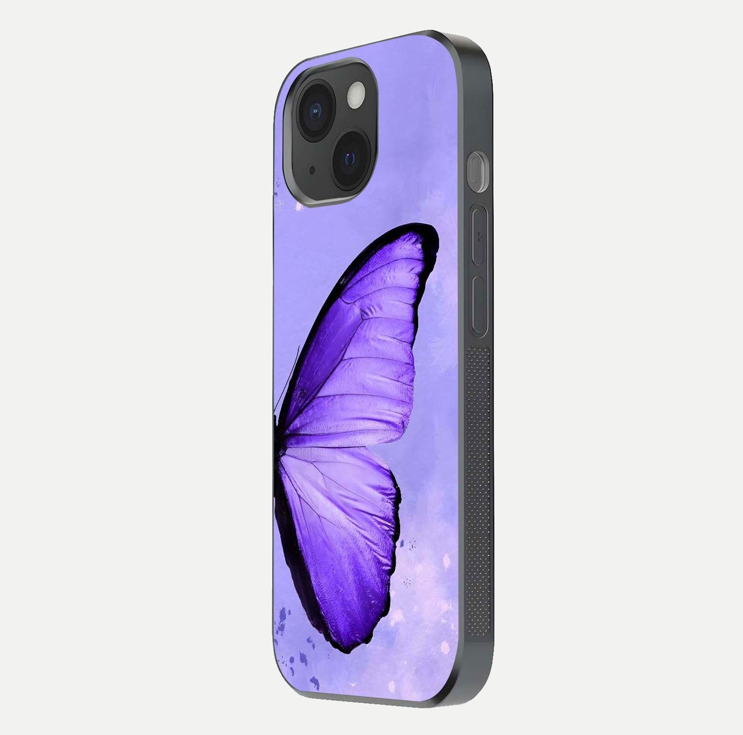 Violet Dream Wing Glass Case for iPhone 15 side-angle image showing gloss, shine, and violet gradient