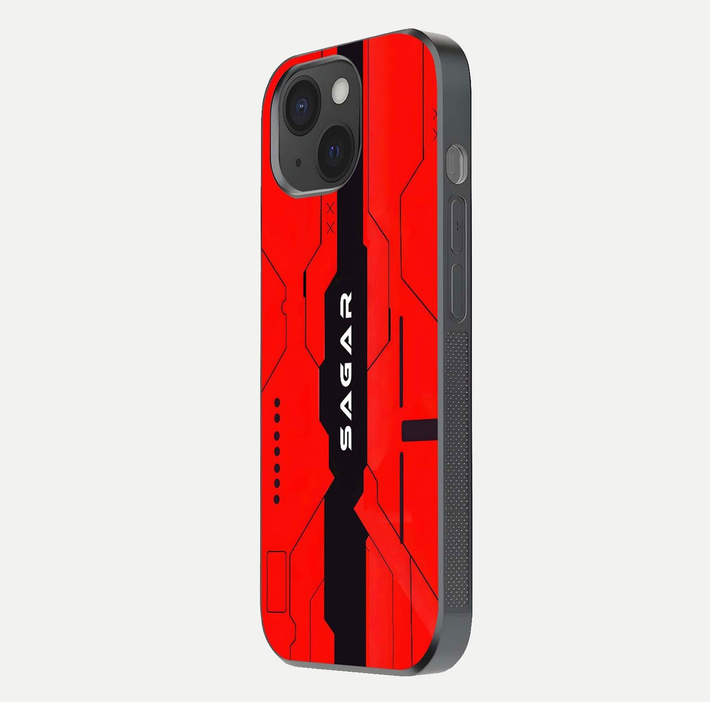 Voltage Rise CYBERPUNK Custom Name Glass Case for iPhone 15 side-angle image showing gloss and cyberpunk detail