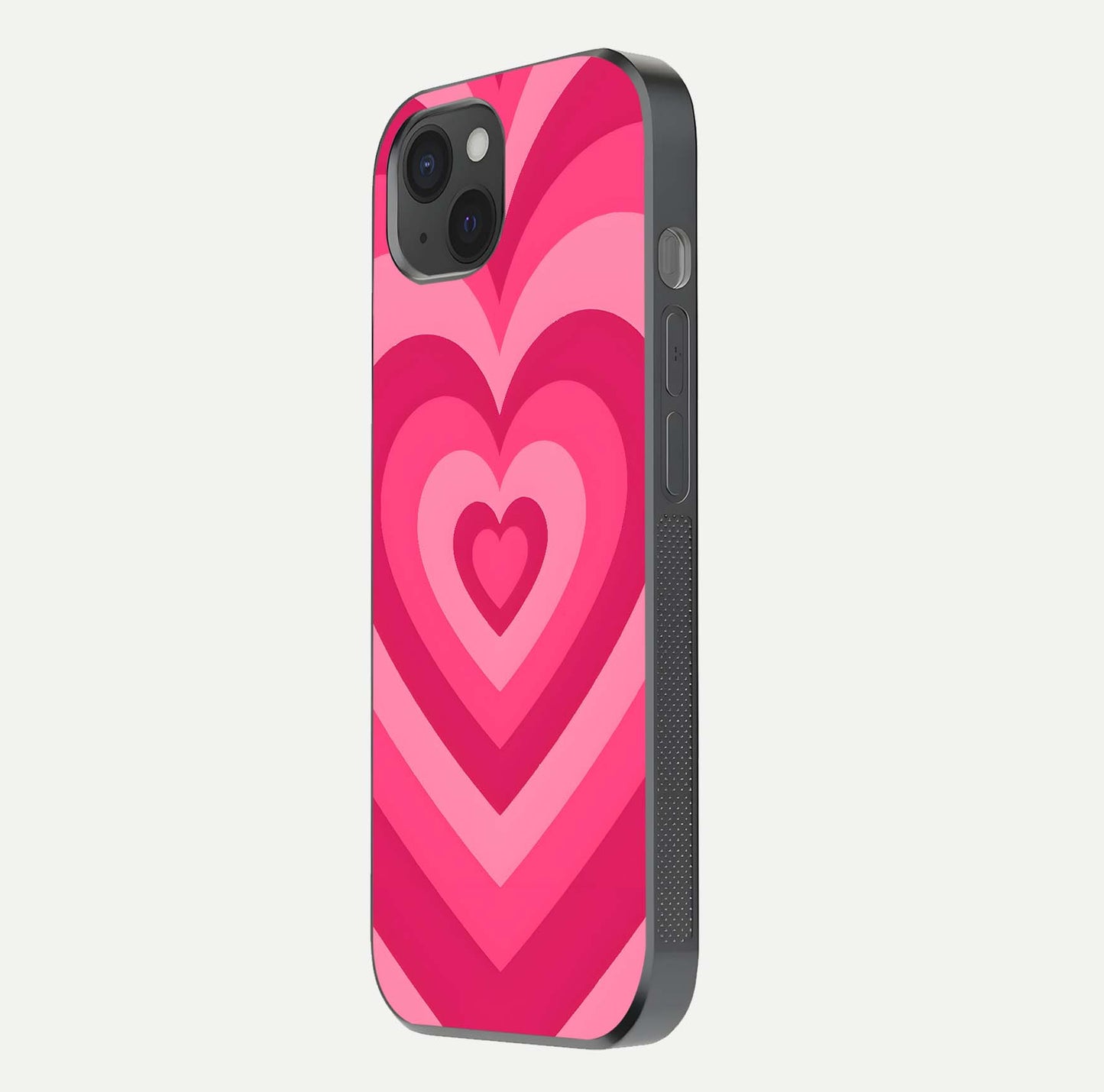 Layered Love Hearts iPhone 15 Plus glass phone case side profile view focusing on sleek edges and seamless wrap