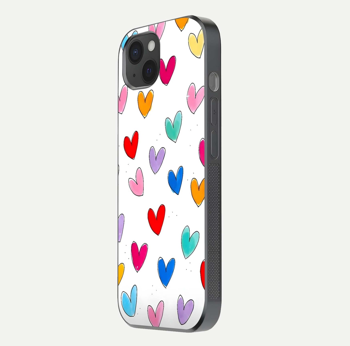 Playful Love Doodles iPhone 15 Plus glass phone case side profile view focusing on smooth frame and seamless wrap