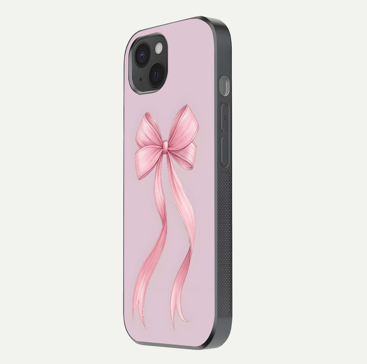 Soft Blush Bow iPhone 15 Plus glass phone case side profile view focusing on sleek edges and seamless wrap