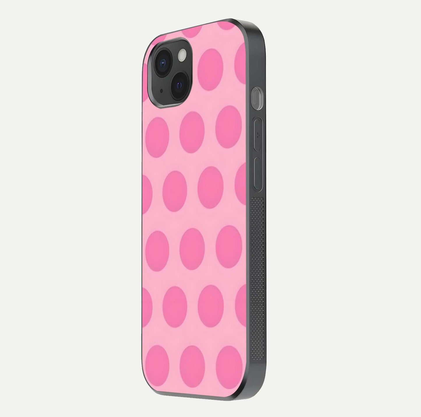 Sweet Dot Dreams iPhone 15 Plus glass phone case side profile view focusing on sleek edges and seamless wrap