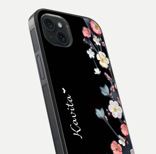 Black Elegance Floral Custom Name Glass Case for iPhone 15 Plus close-up shot showing rose detailing and elegant reflection