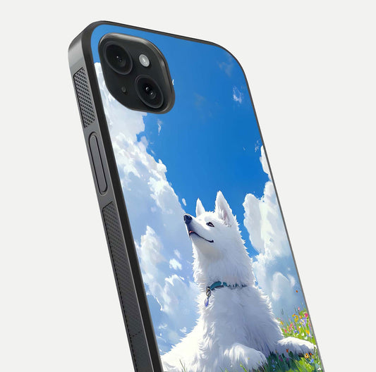 Blissful Cloud Pup Glass Case for iPhone 15 Plus close-up image highlighting puppy details and glossy reflection