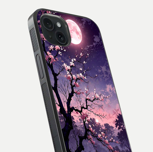 Blossom Pink Moon Glass Case for iPhone 15 Plus close-up shot showing pink tones, moon highlight, and reflection gloss