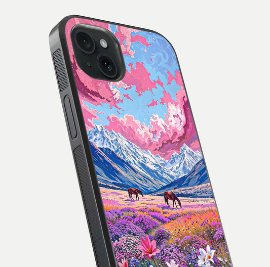 Blossom Valley Dream Glass Case for iPhone 15 Plus close-up view showing detailed flower print and pastel hues