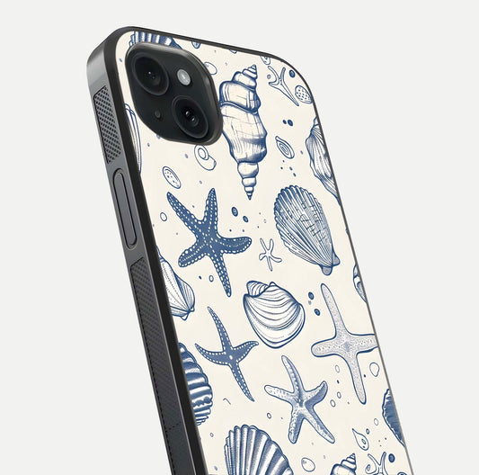 Blue Ocean Outline Glass Case for iPhone 15 Plus close-up shot highlighting line art details and reflection texture