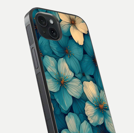 Blue Shade Floral Glass Case for iPhone 15 Plus close-up angle showing flower print precision and reflection