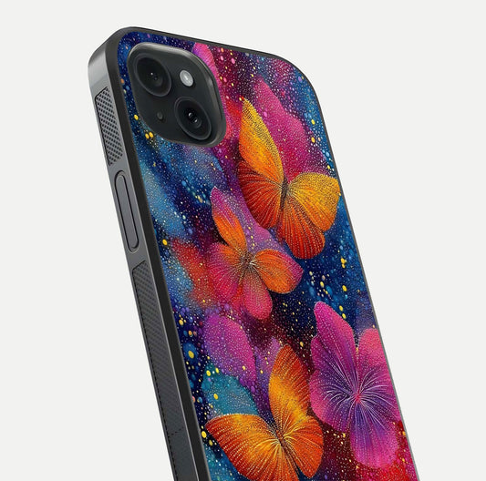 Butterfly Dream Mist Glass Case for iPhone 15 Plus close-up capturing wing pattern detail and glossy finish texture