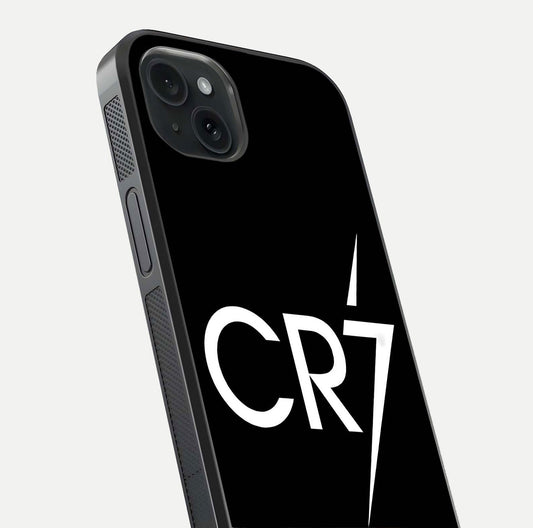 CR7 Elite Strike Glass Case for iPhone 15 Plus close-up highlighting CR7 artwork and shine reflection