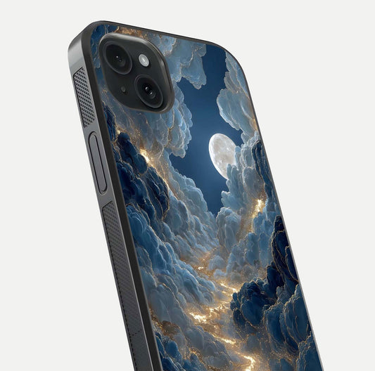 Celestial Cloud Road Glass Case for iPhone 15 Plus close-up view showing road gradient and cloud reflection shine