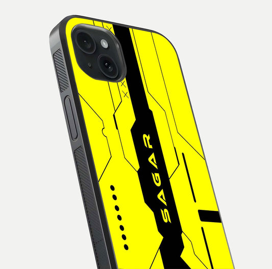 Circuit CYBERPUNK Custom Name Glass Case for iPhone 15 Plus close-up highlighting neon lines, futuristic tones, and gloss reflection