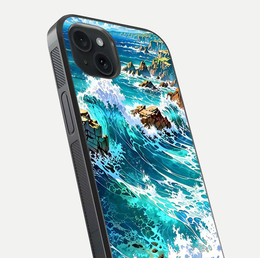 Coastal Blue Waves Glass Case for iPhone 15 Plus close-up highlighting wave texture and blue shine