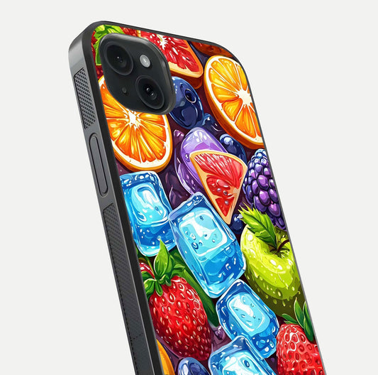 Colorful Fruits with Ice Glass Case for iPhone 15 Plus close-up highlighting fruit color and reflection glow