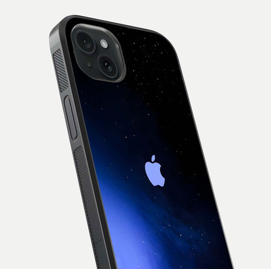 Cosmic Blue Apple Glass Case for iPhone 15 Plus close-up highlighting galaxy pattern, shine, and reflection detail