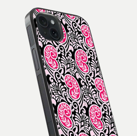 Crimson Paisley Charm Glass Case for iPhone 15 Plus close-up highlighting fine pattern detail and reflection tone