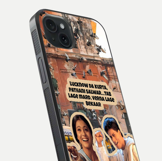 Desi Retro Vibes Glass Case for iPhone 15 Plus close-up highlighting retro color palette and reflection glow