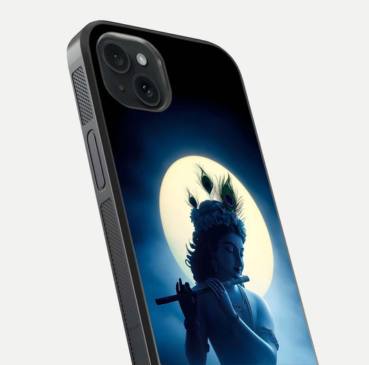 Divine Moon Flute Glass Case for iPhone 15 Plus close-up highlighting flute detail and reflection shine