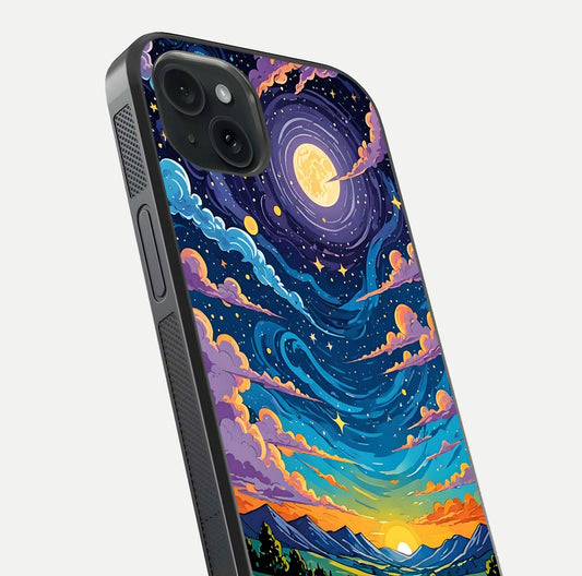 Dreamy Night Landscape Glass Case for iPhone 15 Plus close-up highlighting stars and reflection tone