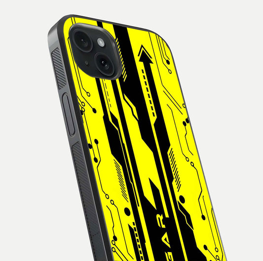 Electric Pulse CYBERPUNK Custom Name Glass Case for iPhone 15 Plus close-up highlighting tech pattern, lighting effect, and reflection shine