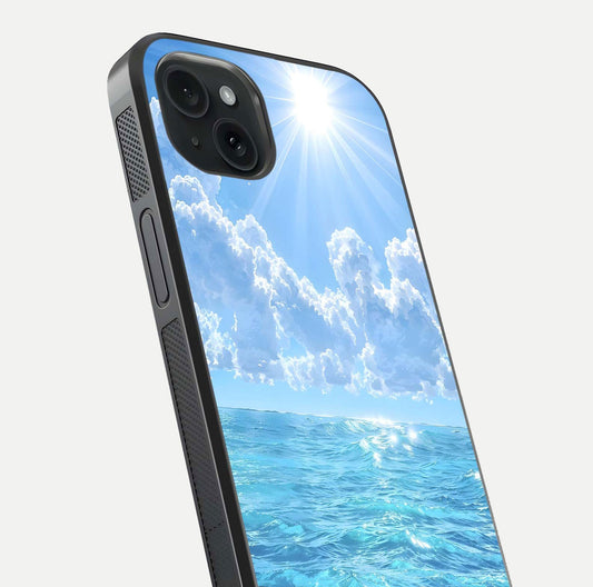 Endless Ocean Horizon Glass Case for iPhone 15 Plus close-up highlighting water texture and reflection shine