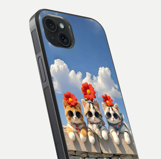 Floral Kitty Squad Glass Case for iPhone 15 Plus close-up highlighting cat detail and flower patterns with HD shine