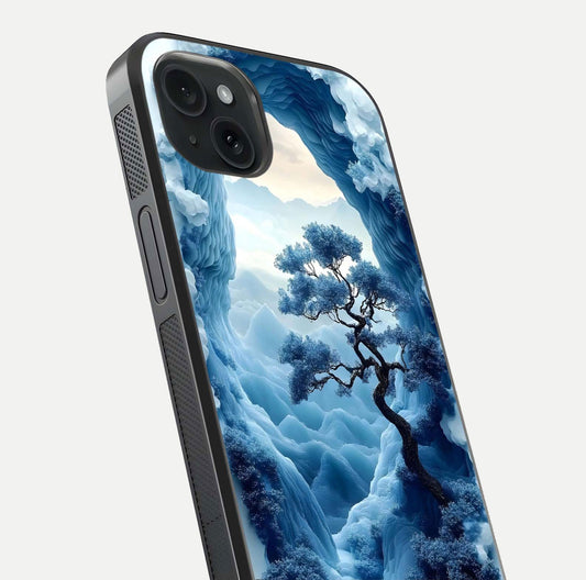 Frozen Serenity Gate Glass Case for iPhone 15 Plus close-up highlighting frosted texture and reflection tone
