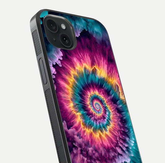 Galactic Spiral Burst Glass Case for iPhone 15 Plus close-up angled shot showing spiral burst detail, neon tones, and glossy reflection