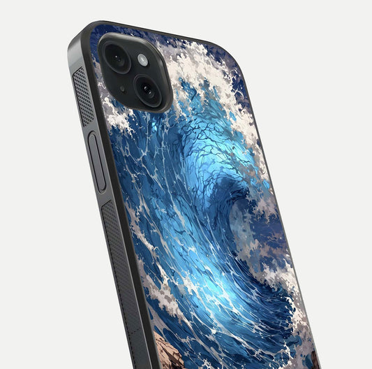 Giant Ocean Wave Glass Case for iPhone 15 Plus close-up angled shot showing wave texture and water reflection shine