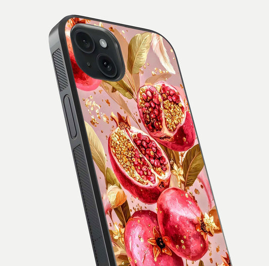 Golden Bloom Glow Glass Case for iPhone 15 Plus close-up angled shot showing metallic tones and reflection brilliance