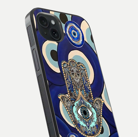 Hamsa Divine Guard Glass Case for iPhone 15 Plus close-up angled shot showing detailed palm motif and reflection glow