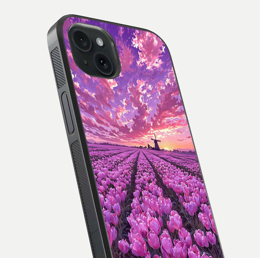 Lavender Dream Skies Glass Case for iPhone 15 Plus close-up angled shot showing purple hues and soft reflection