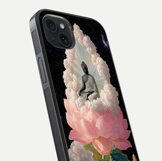 Lotus Divine Peace Glass Case for iPhone 15 Plus angled close-up showing delicate petals and gloss reflection