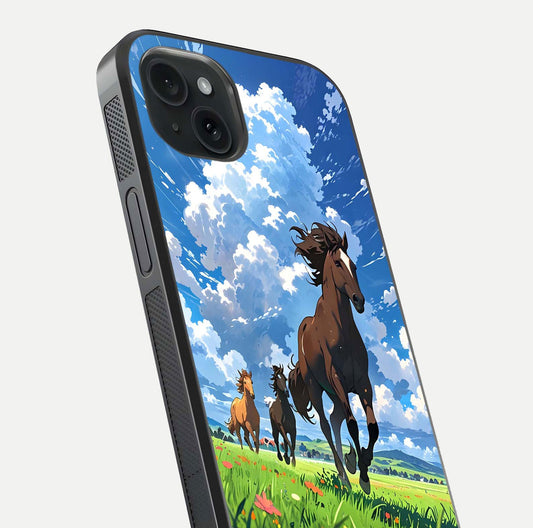 Majestic Horses Galloping Glass Case for iPhone 15 Plus close-up angled shot showing horse motion and reflection