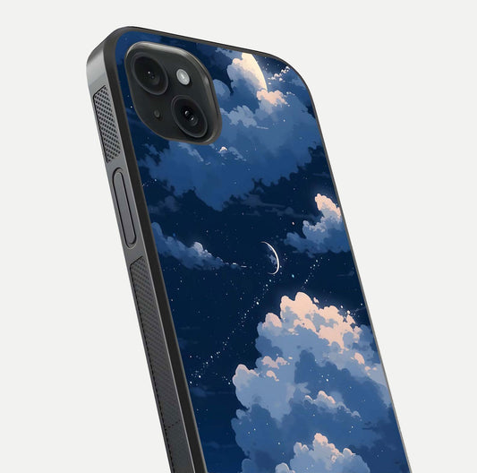 Moon Dream Haze Glass Case for iPhone 15 Plus close-up angled shot showing moon reflection and subtle glow