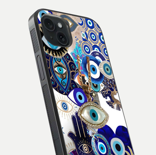 Mystic Charm Eye Glass Case for iPhone 15 Plus close-up angled shot showing detailed eye art and reflection