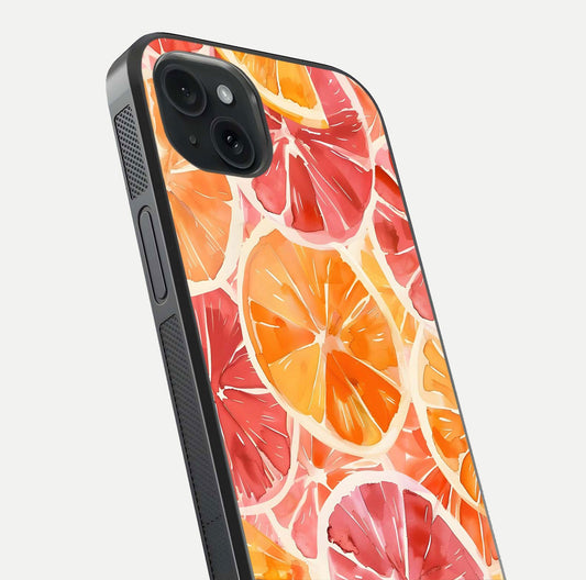 Orange Fruits Pattern Glass Case for iPhone 15 Plus close-up angled shot showing juicy fruit texture and reflection
