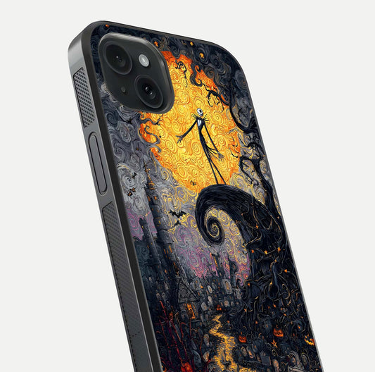 Pumpkin Moon Night Glass Case for iPhone 15 Plus close-up angled shot showing moon reflection and Halloween glow