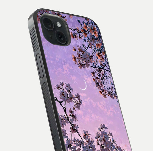 Purple Serenity Moon Glass Case for iPhone 15 Plus close-up angled shot showing reflection and gradient purple hues