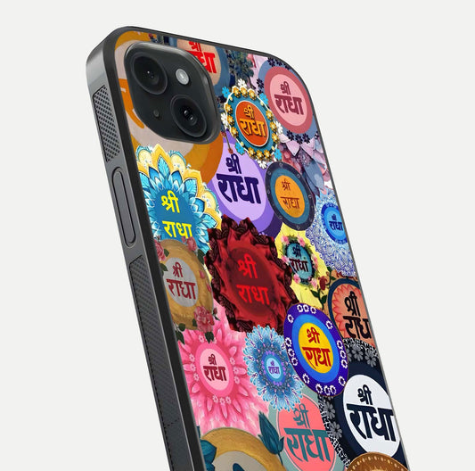 Radha Divine Bloom Glass Case for iPhone 15 Plus close-up angled shot highlighting divine detailing and shine
