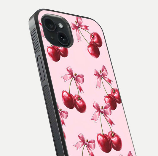 Red Cherries Pattern Glass Case for iPhone 15 Plus close-up angled shot showing cherry details and HD reflection