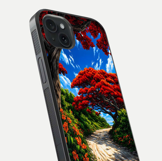 Red Trees Pathway Glass Case for iPhone 15 Plus close-up angled shot highlighting forest detail and reflection