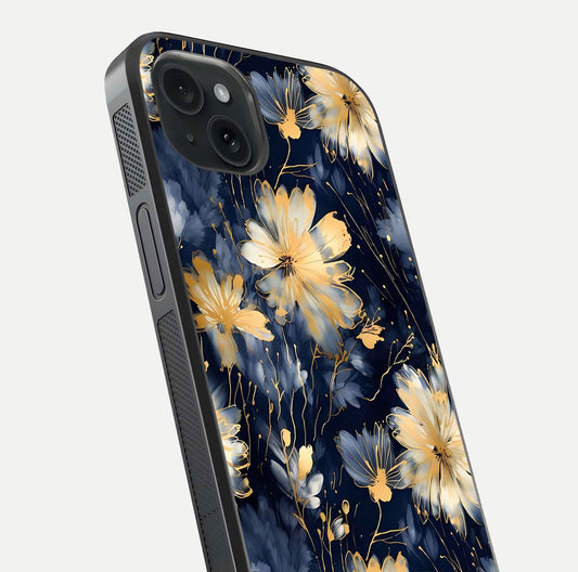 Royal Petal Dream Glass Case for iPhone 15 Plus close-up angled shot highlighting petal texture and reflection depth