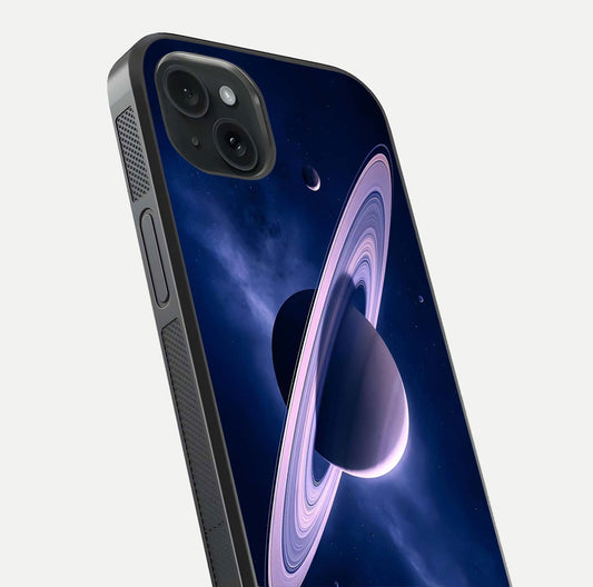 Saturn Ring Mystique Glass Case for iPhone 15 Plus close-up angled shot highlighting ring detail and HD reflection