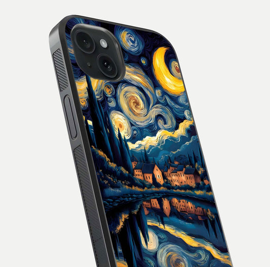 Starry Sky Serenity Glass Case for iPhone 15 Plus close-up angled shot highlighting light reflection and blue hues