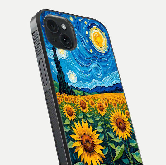 Starry Sunflower Dreams Glass Case for iPhone 15 Plus close-up angled shot highlighting petal texture and gloss