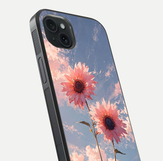 Sunlit Daisy Glow Glass Case for iPhone 15 Plus close-up angled shot highlighting petal texture and reflection