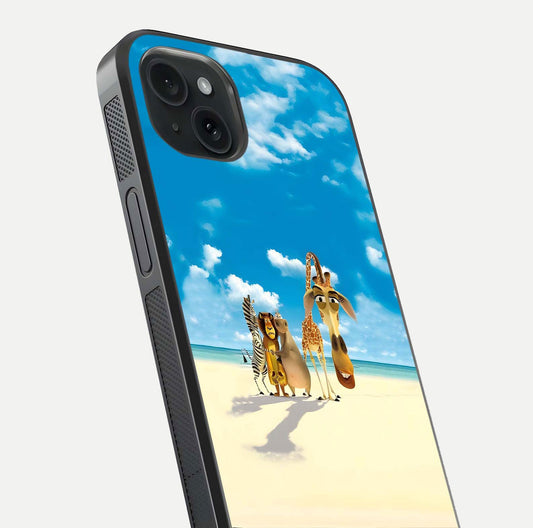 Tropical Fun Squad Glass Case for iPhone 15 Plus close-up angled shot highlighting vibrant tones and texture