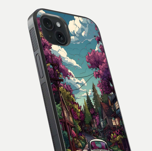 Vintage Street Drive Glass Case for iPhone 15 Plus close-up angled shot highlighting vintage tones and reflection